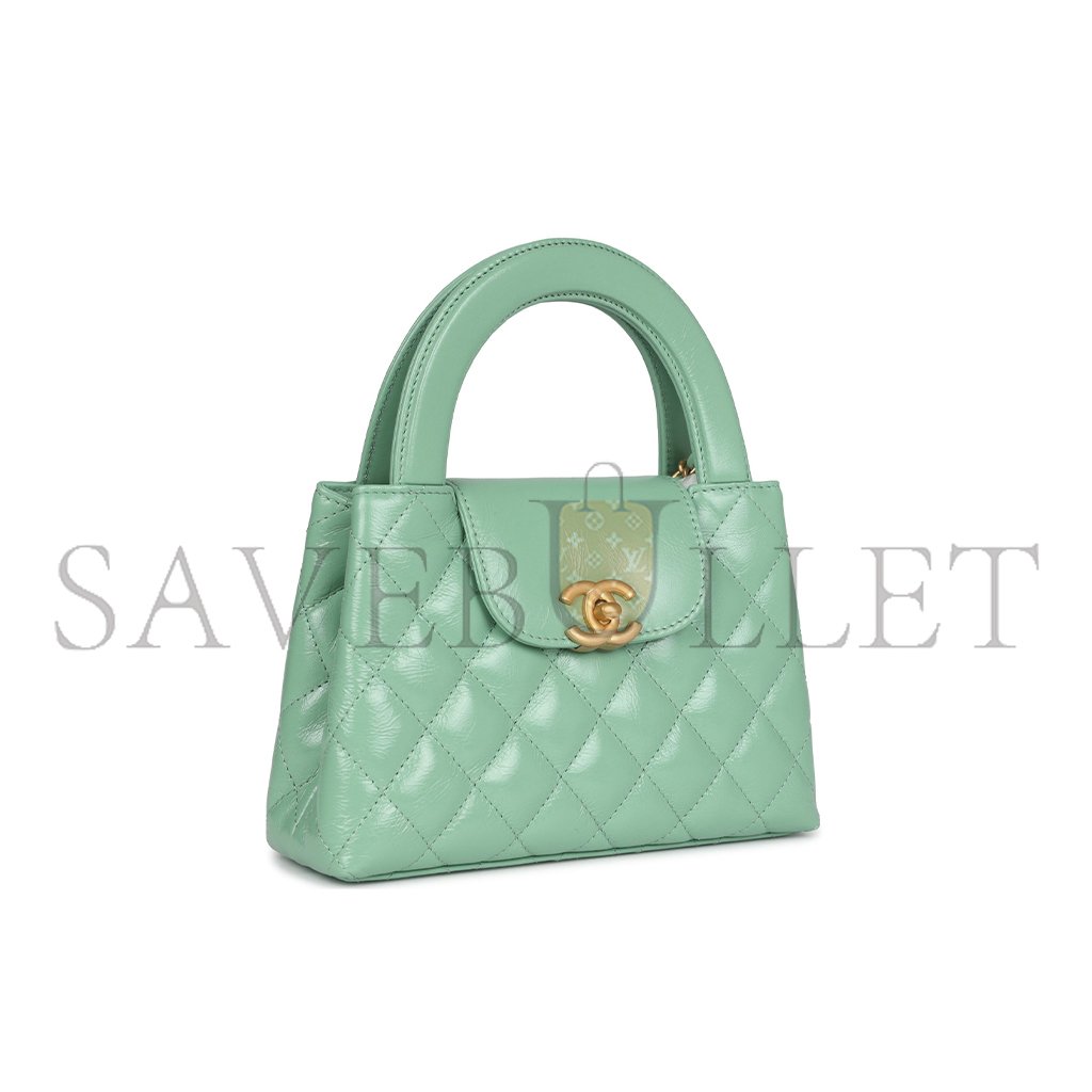 Ch*el master kelly shopper light green shiny aged calfskin brush gold hardware (19*13*7cm)
